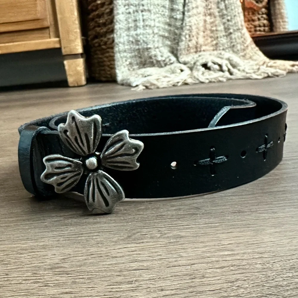 Black Leather Belt with Silver Floral Concho